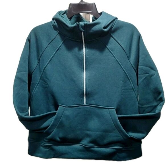 Danskin Half Zip Mixed Rib Cozy Hoodie Thumbholes Kangaroo Pocket Green Womens S - Picture 7 of 11